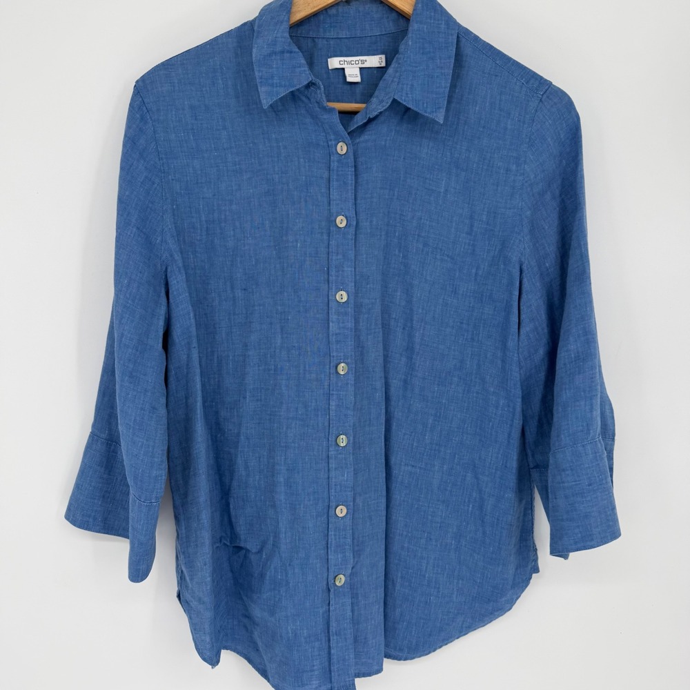 Chicos Top 100% Linen Blue Coastal Grandma Resort Button Down 3/4 Sleeve  10